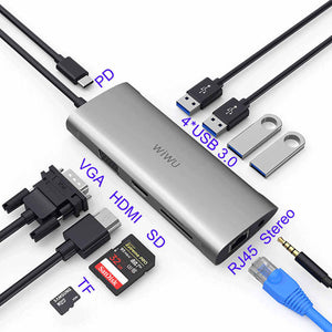 WiWU Alpha 11 in 1, WiWU Type C Hub, 11 in 1 Adapter with USB C to RJ45, HD MI, VGA, 4USB, Card Reader, 3.5 mm audio and Type C - Custom Mac BD (4439849467967)