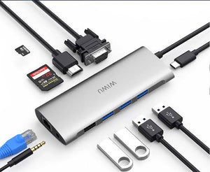 WiWU Alpha 11 in 1, WiWU Type C Hub, 11 in 1 Adapter with USB C to RJ45, HD MI, VGA, 4USB, Card Reader, 3.5 mm audio and Type C - Custom Mac BD (4439849467967)